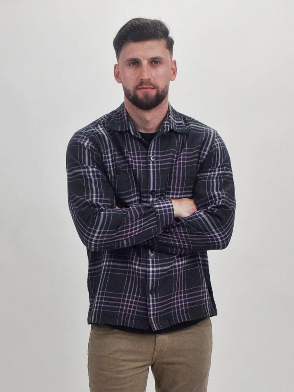 Maus & Hoffman Charcoal Grey/Light Purple Plaid 100% Wool Shacket/3326